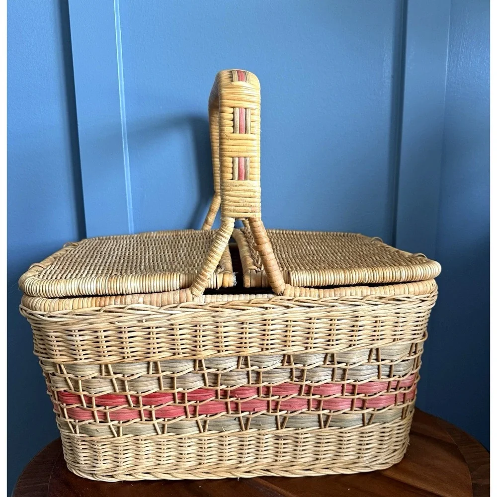 Vintage Wicker Picnic Market Basket Double Lid Terracotta Sage Large